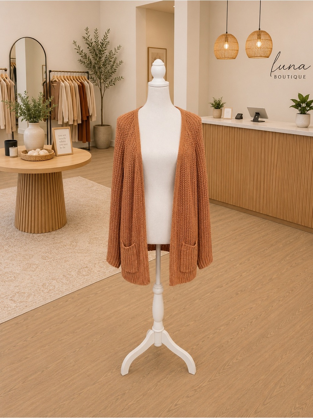 POL Brown Chunky Knit Open Front Cardigan with Pockets